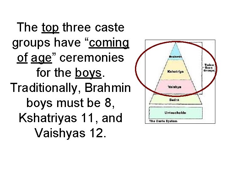 The top three caste groups have “coming of age” ceremonies for the boys. Traditionally, The top three caste groups have “coming of age” ceremonies for the boys. Traditionally,