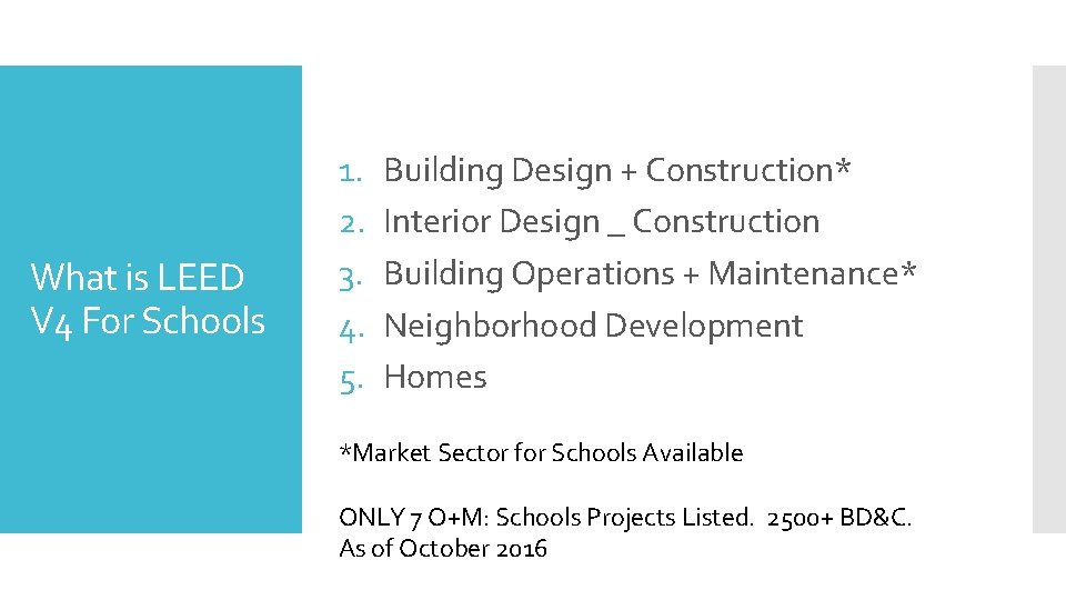 What is LEED V 4 For Schools 1. 2. 3. 4. 5. Building Design