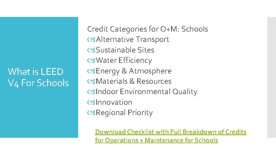 What is LEED V 4 For Schools Credit Categories for O+M: Schools Alternative Transport