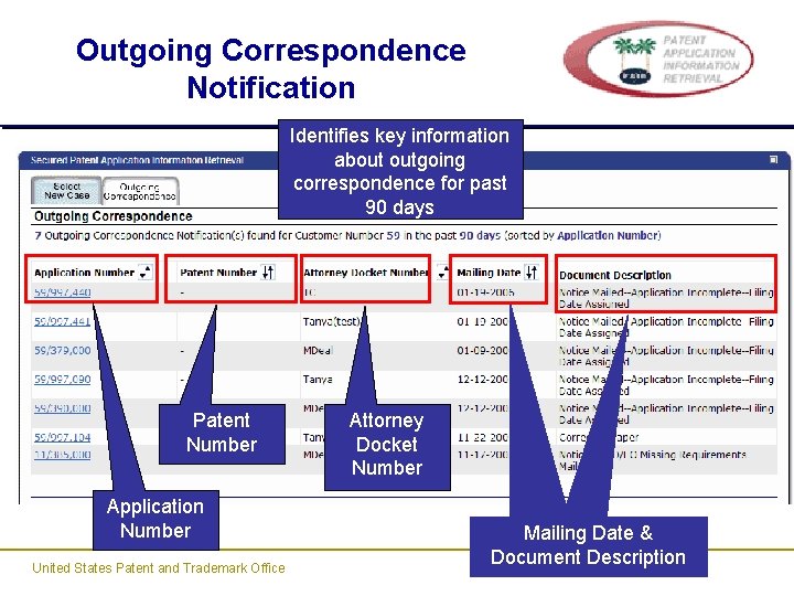 Outgoing Correspondence Notification Identifies key information about outgoing correspondence for past 90 days Patent Outgoing Correspondence Notification Identifies key information about outgoing correspondence for past 90 days Patent