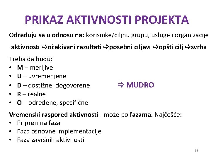 PRIKAZ AKTIVNOSTI PROJEKTA Određuju se u odnosu na: korisnike/ciljnu grupu, usluge i organizacije aktivnosti