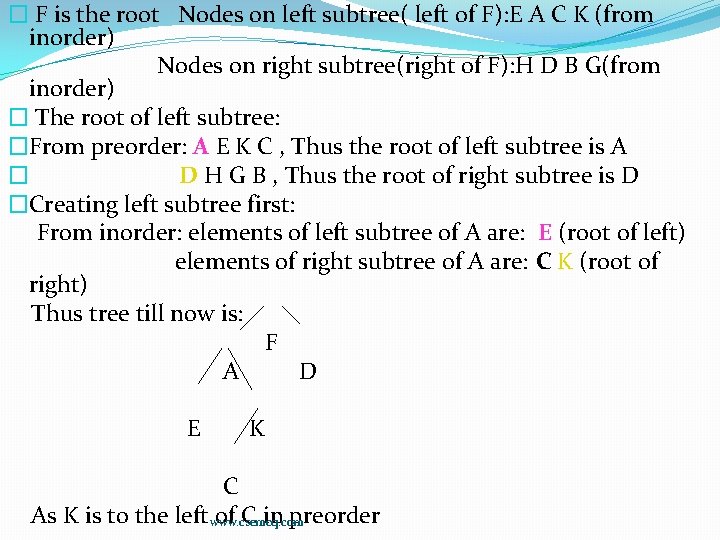 � F is the root Nodes on left subtree( left of F): E A