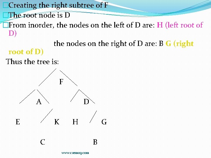 �Creating the right subtree of F �The root node is D �From inorder, the