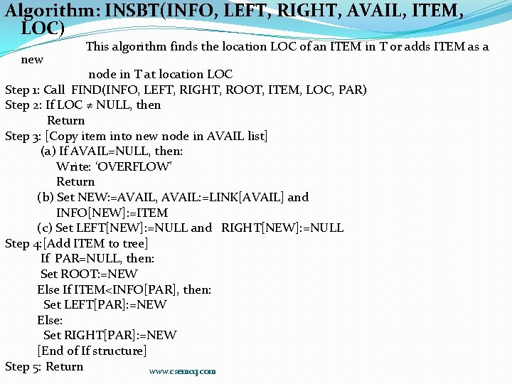 Algorithm: INSBT(INFO, LEFT, RIGHT, AVAIL, ITEM, LOC) new This algorithm finds the location LOC