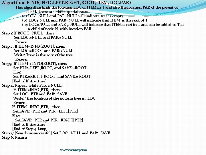 Algorithm: FIND(INFO, LEFT, RIGHT, ROOT, ITEM, LOC, PAR) This algorithm finds the location LOC