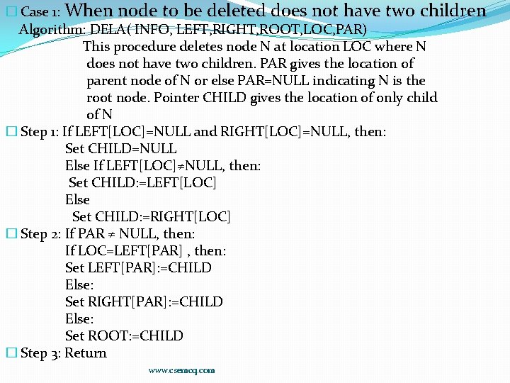 � Case 1: When node to be deleted does not have two children Algorithm: