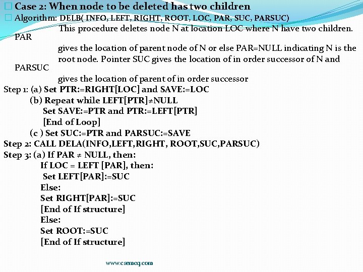 � Case 2: When node to be deleted has two children � Algorithm: DELB(