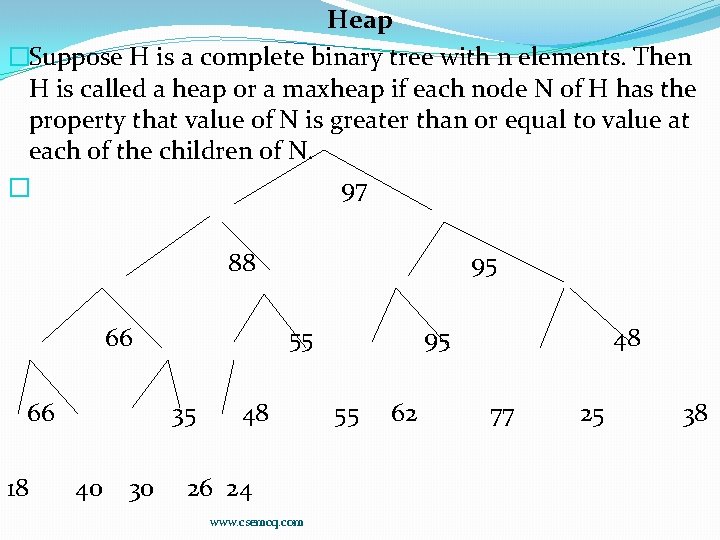 Heap �Suppose H is a complete binary tree with n elements. Then H is