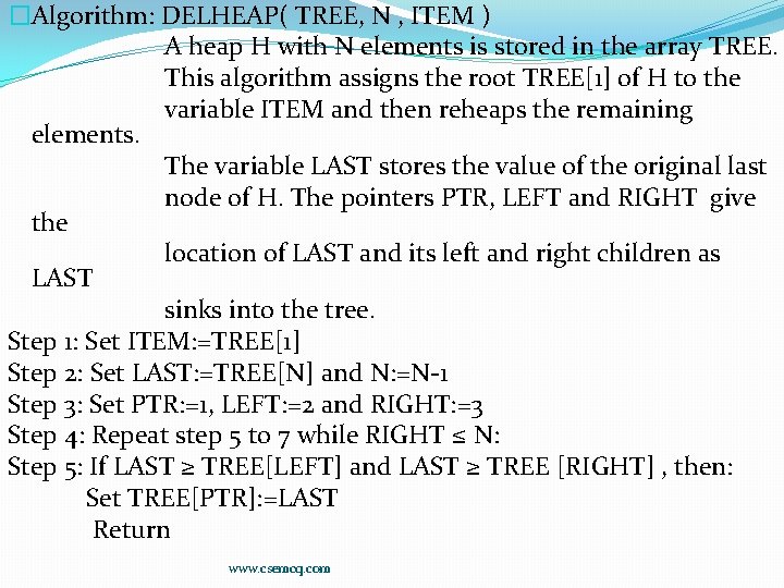 �Algorithm: DELHEAP( TREE, N , ITEM ) A heap H with N elements is