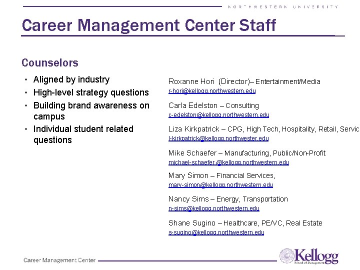 Career Management Center Staff Counselors • Aligned by industry • High-level strategy questions • Career Management Center Staff Counselors • Aligned by industry • High-level strategy questions •