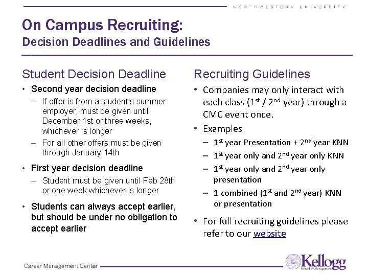 On Campus Recruiting: Decision Deadlines and Guidelines Student Decision Deadline Recruiting Guidelines • Second On Campus Recruiting: Decision Deadlines and Guidelines Student Decision Deadline Recruiting Guidelines • Second