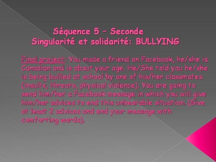 Séquence 5 – Seconde Singularité et solidarité: BULLYING Final project: You made a friend