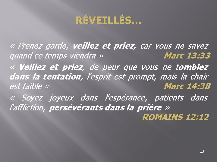 RÉVEILLÉS… « Prenez garde, veillez et priez, car vous ne savez quand ce temps