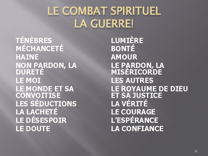 LE COMBAT SPIRITUEL LA GUERRE! TÉNÈBRES MÉCHANCETÉ HAINE NON PARDON, LA DURETÉ LE MOI