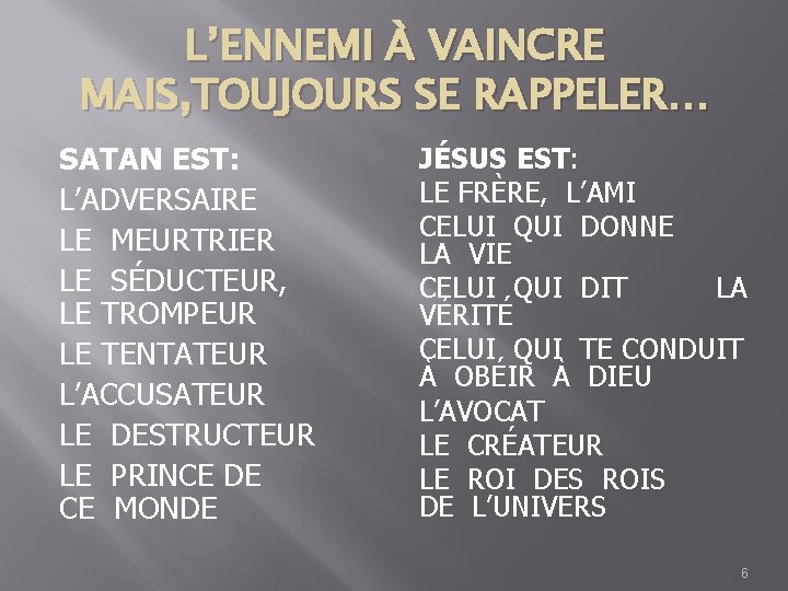 L’ENNEMI À VAINCRE MAIS, TOUJOURS SE RAPPELER… SATAN EST: L’ADVERSAIRE LE MEURTRIER LE SÉDUCTEUR,