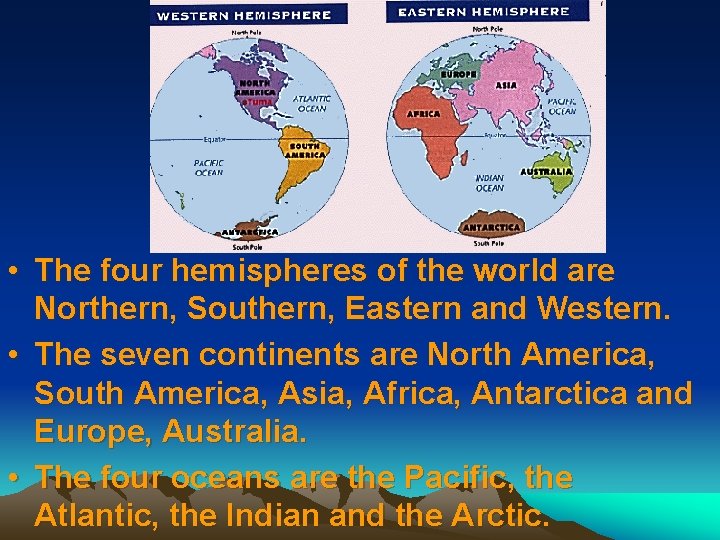 • The four hemispheres of the world are Northern, Southern, Eastern and Western. • The four hemispheres of the world are Northern, Southern, Eastern and Western.
