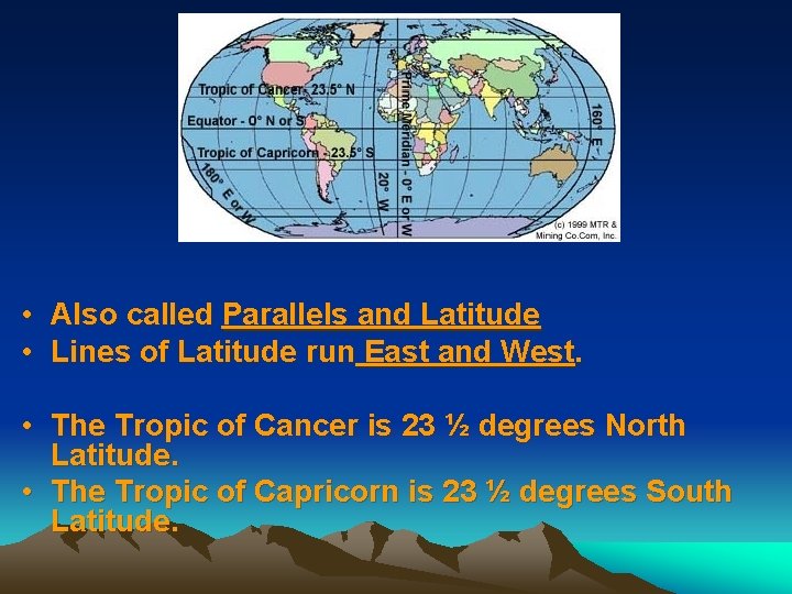• Also called Parallels and Latitude • Lines of Latitude run East and • Also called Parallels and Latitude • Lines of Latitude run East and
