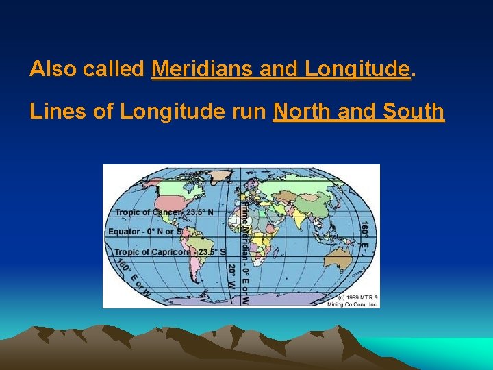 Also called Meridians and Longitude. Lines of Longitude run North and South Also called Meridians and Longitude. Lines of Longitude run North and South