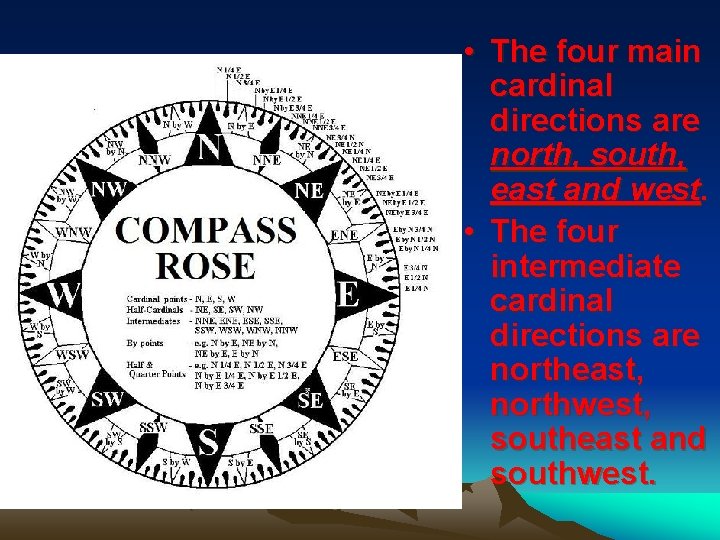 • The four main cardinal directions are north, south, east and west. • • The four main cardinal directions are north, south, east and west. •