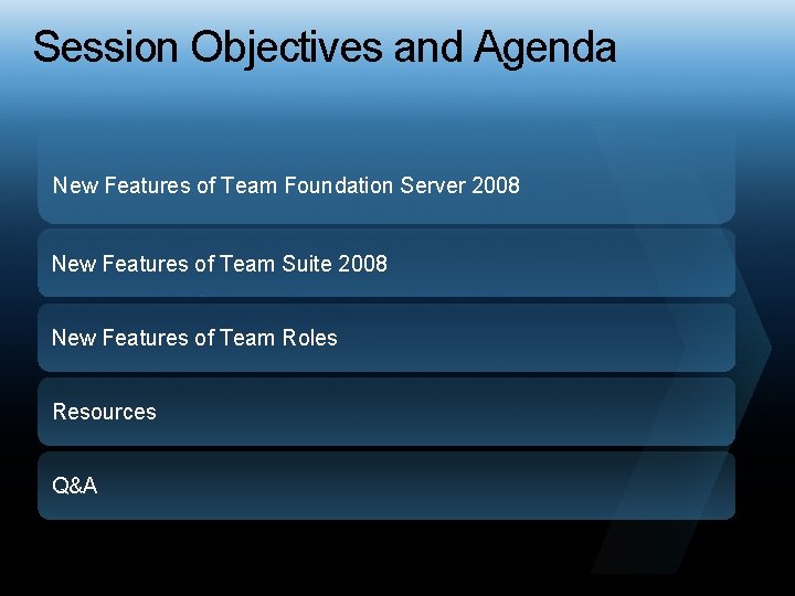 Session Objectives and Agenda New Features of Team Foundation Server 2008 New Features of