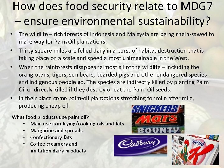 How does food security relate to MDG 7 – ensure environmental sustainability? • The