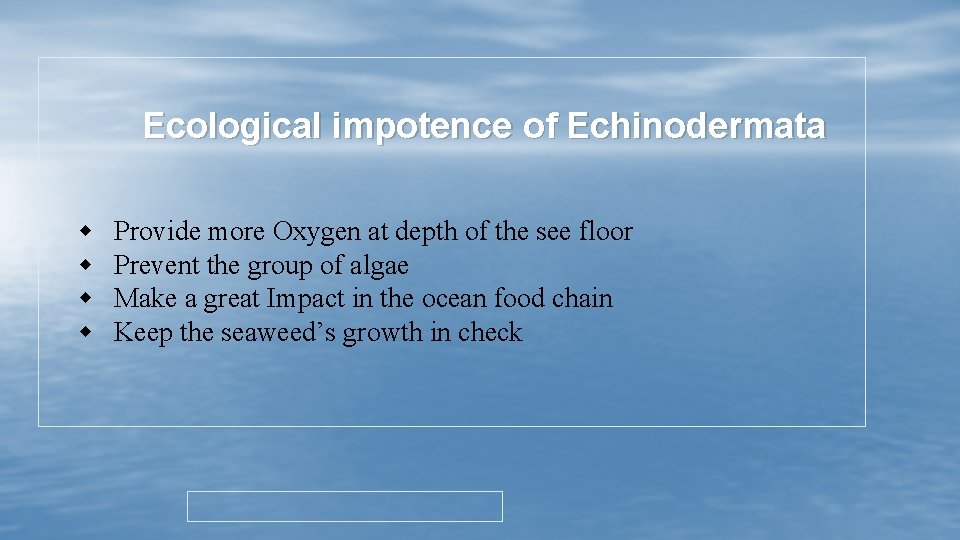 Ecological impotence of Echinodermata w w Provide more Oxygen at depth of the see Ecological impotence of Echinodermata w w Provide more Oxygen at depth of the see