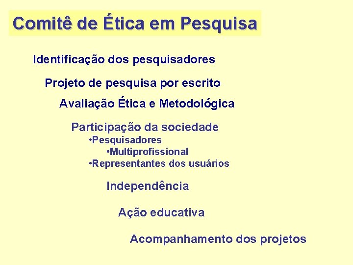 Comitê de Ética em Pesquisa Identificação dos pesquisadores Projeto de pesquisa por escrito Avaliação