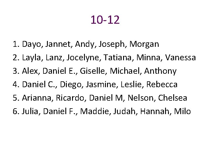 10 -12 1. Dayo, Jannet, Andy, Joseph, Morgan 2. Layla, Lanz, Jocelyne, Tatiana, Minna,