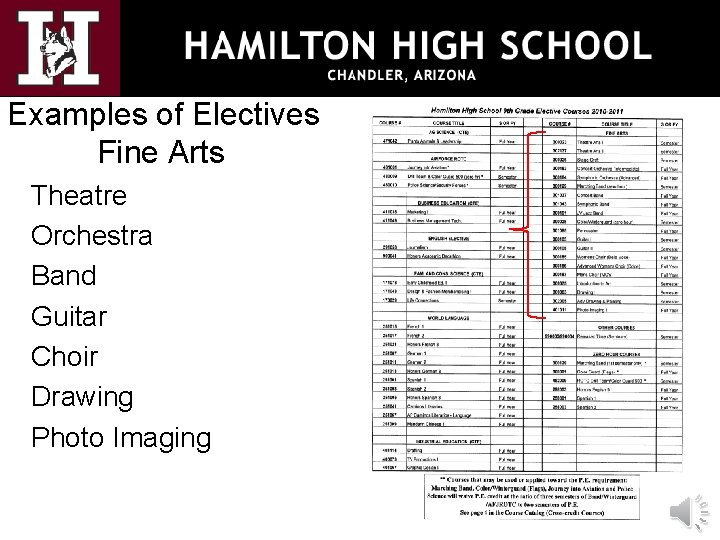 Examples of Electives Fine Arts Theatre Orchestra Band Guitar Choir Drawing Photo Imaging 