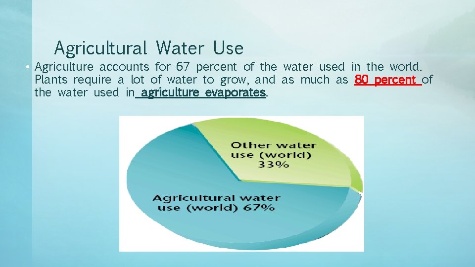 Agricultural Water Use • Agriculture accounts for 67 percent of the water used in