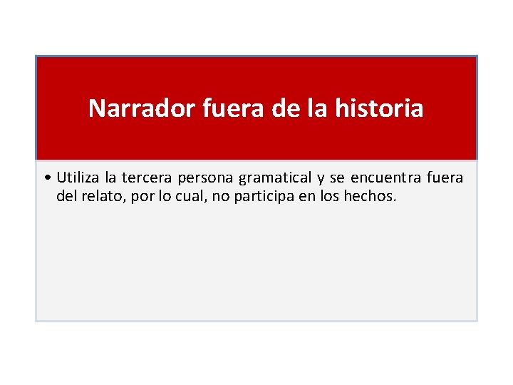 Narrador fuera de la historia • Utiliza la tercera persona gramatical y se encuentra