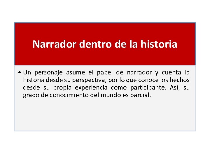 Narrador dentro de la historia • Un personaje asume el papel de narrador y