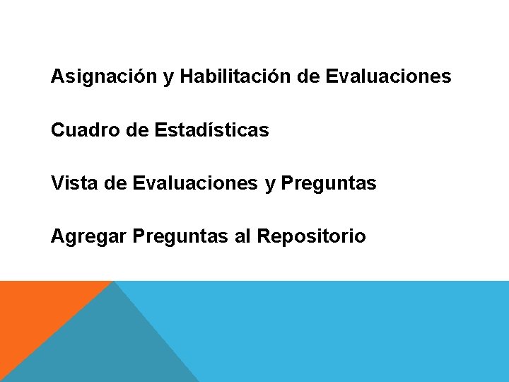 Asignación y Habilitación de Evaluaciones Cuadro de Estadísticas Vista de Evaluaciones y Preguntas Agregar