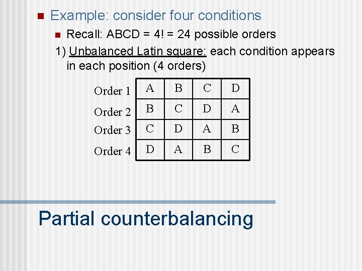 n Example: consider four conditions Recall: ABCD = 4! = 24 possible orders 1)