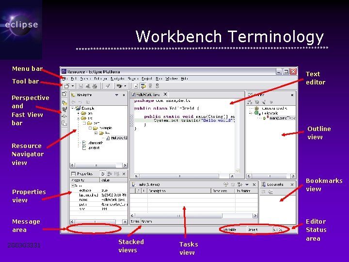 Workbench Terminology Menu bar Text editor Tool bar Perspective and Fast View bar Outline