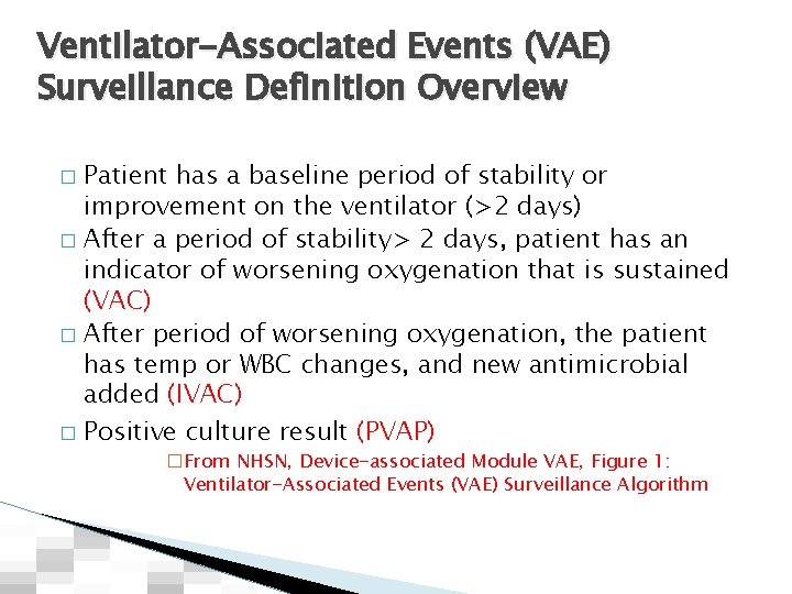 Ventilator-Associated Events (VAE) Surveillance Definition Overview Patient has a baseline period of stability or