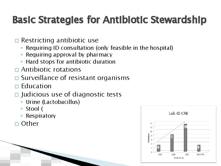 Basic Strategies for Antibiotic Stewardship � Restricting antibiotic use ◦ Requiring ID consultation (only