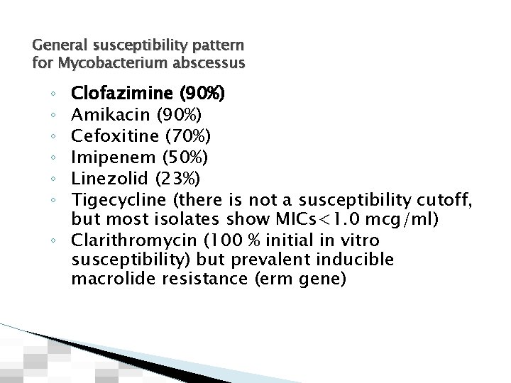 General susceptibility pattern for Mycobacterium abscessus Clofazimine (90%) Amikacin (90%) Cefoxitine (70%) Imipenem (50%)