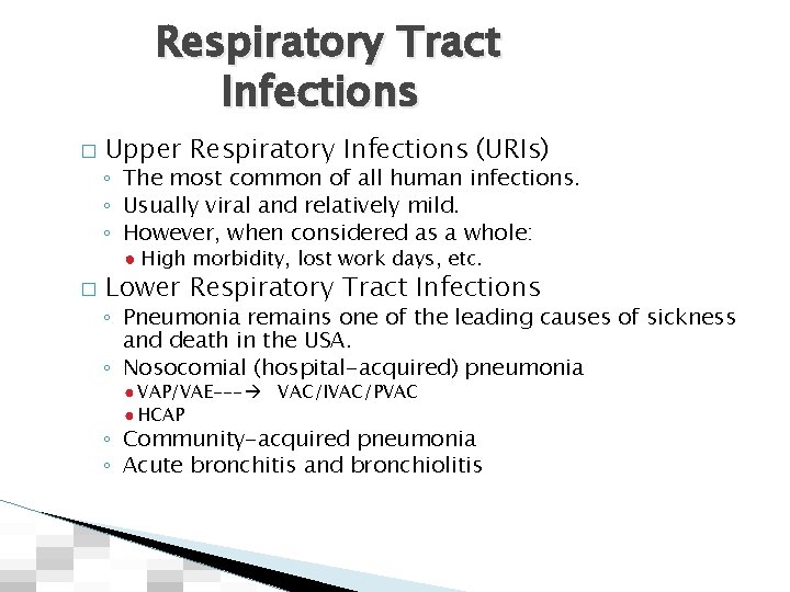 Respiratory Tract Infections � Upper Respiratory Infections (URIs) ◦ The most common of all
