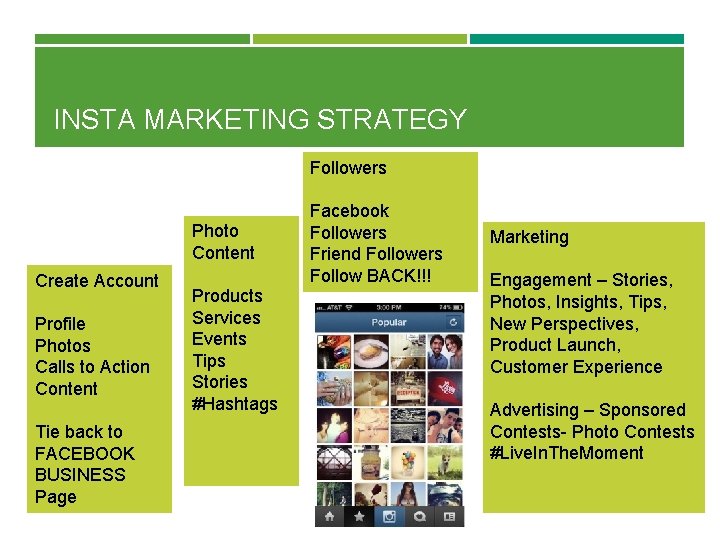 INSTA MARKETING STRATEGY Followers Photo Content Create Account Profile Photos Calls to Action Content