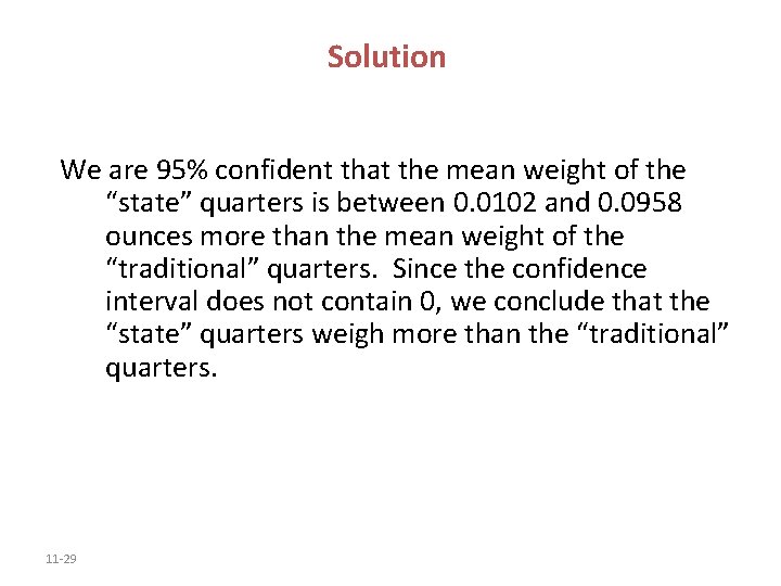 Solution We are 95% confident that the mean weight of the “state” quarters is