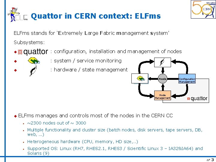 Quattor in CERN context: ELFms stands for ‘Extremely Large Fabric management system’ Subsystems: u