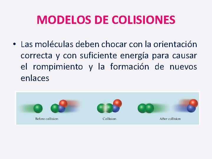 MODELOS DE COLISIONES • Las moléculas deben chocar con la orientación correcta y con