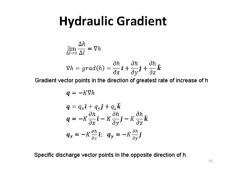 Hydraulic Gradient vector points in the direction of greatest rate of increase of h