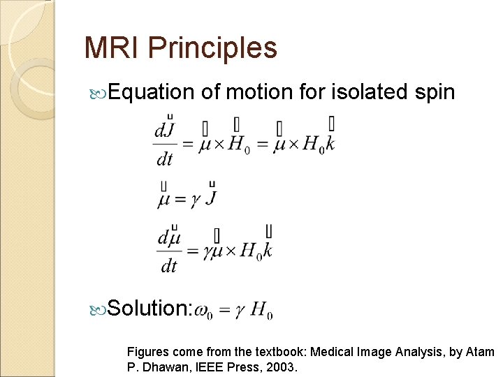 MRI Principles Equation of motion for isolated spin Solution: Figures come from the textbook: