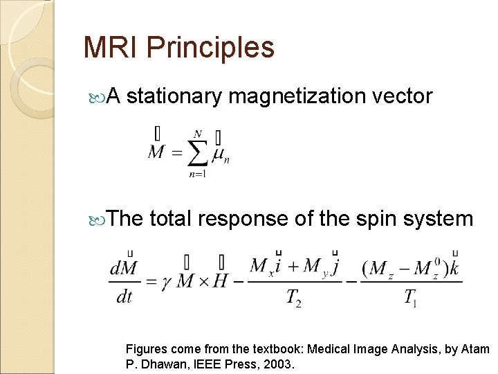 MRI Principles A stationary magnetization vector The total response of the spin system Figures