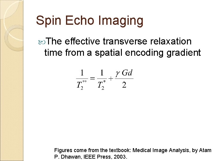 Spin Echo Imaging The effective transverse relaxation time from a spatial encoding gradient Figures