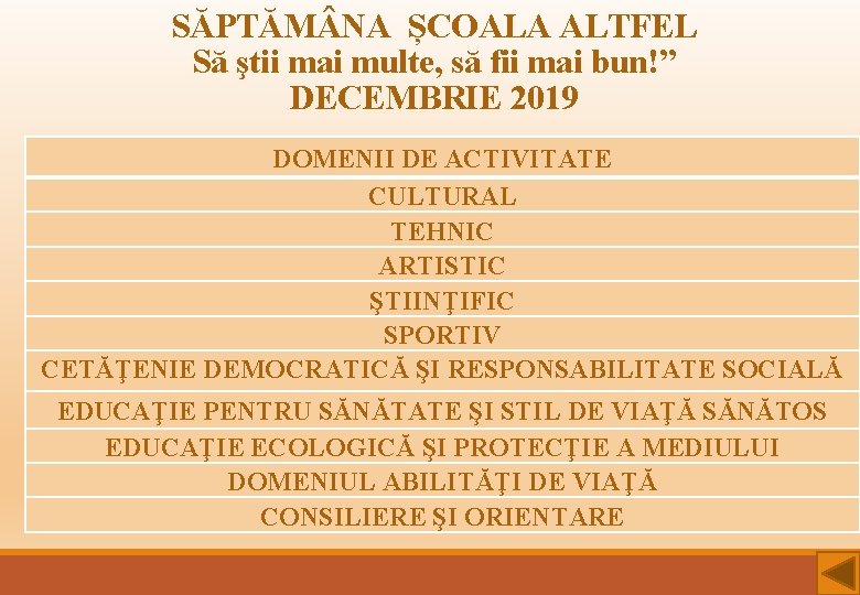 SĂPTĂM NA ȘCOALA ALTFEL Să ştii mai multe, să fii mai bun!” DECEMBRIE 2019