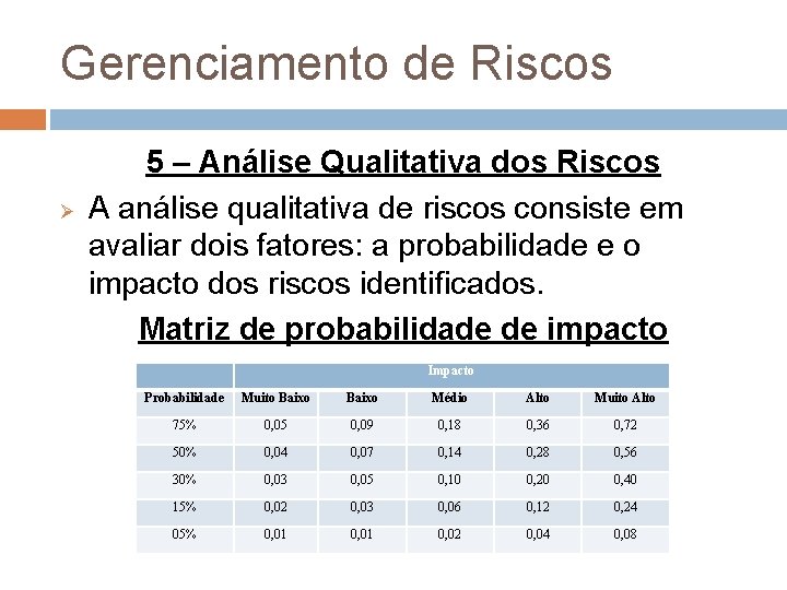 Gerenciamento de Riscos Ø 5 – Análise Qualitativa dos Riscos A análise qualitativa de