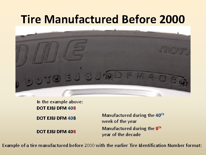 Tire Manufactured Before 2000 In the example above: DOT EJ 8 J DFM 408